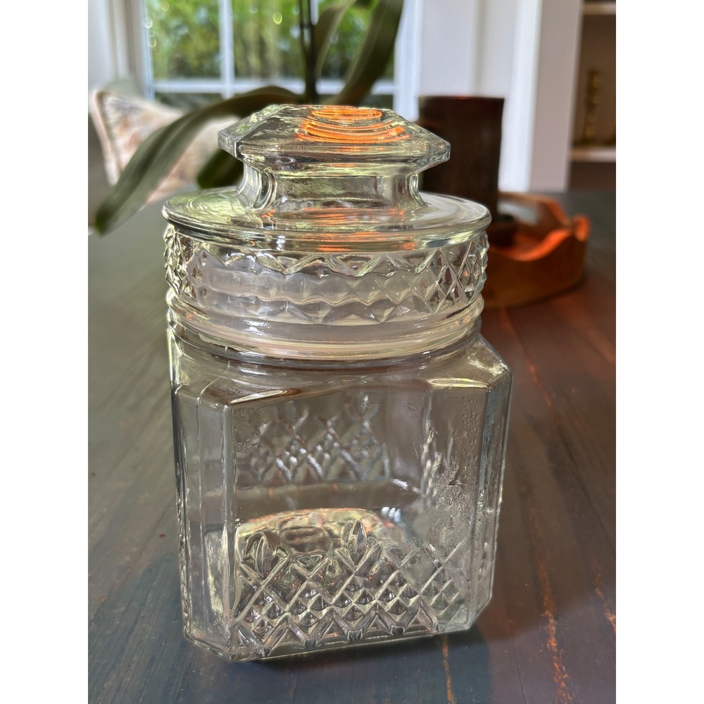 Koeze's Vintage Square Glass Apothecary Jar with Airtight Lid Diamond Pattern